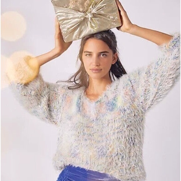 Nwot Free People Gelato Pullove Fuzzy Sweater V-Neck With Multicolored Knit